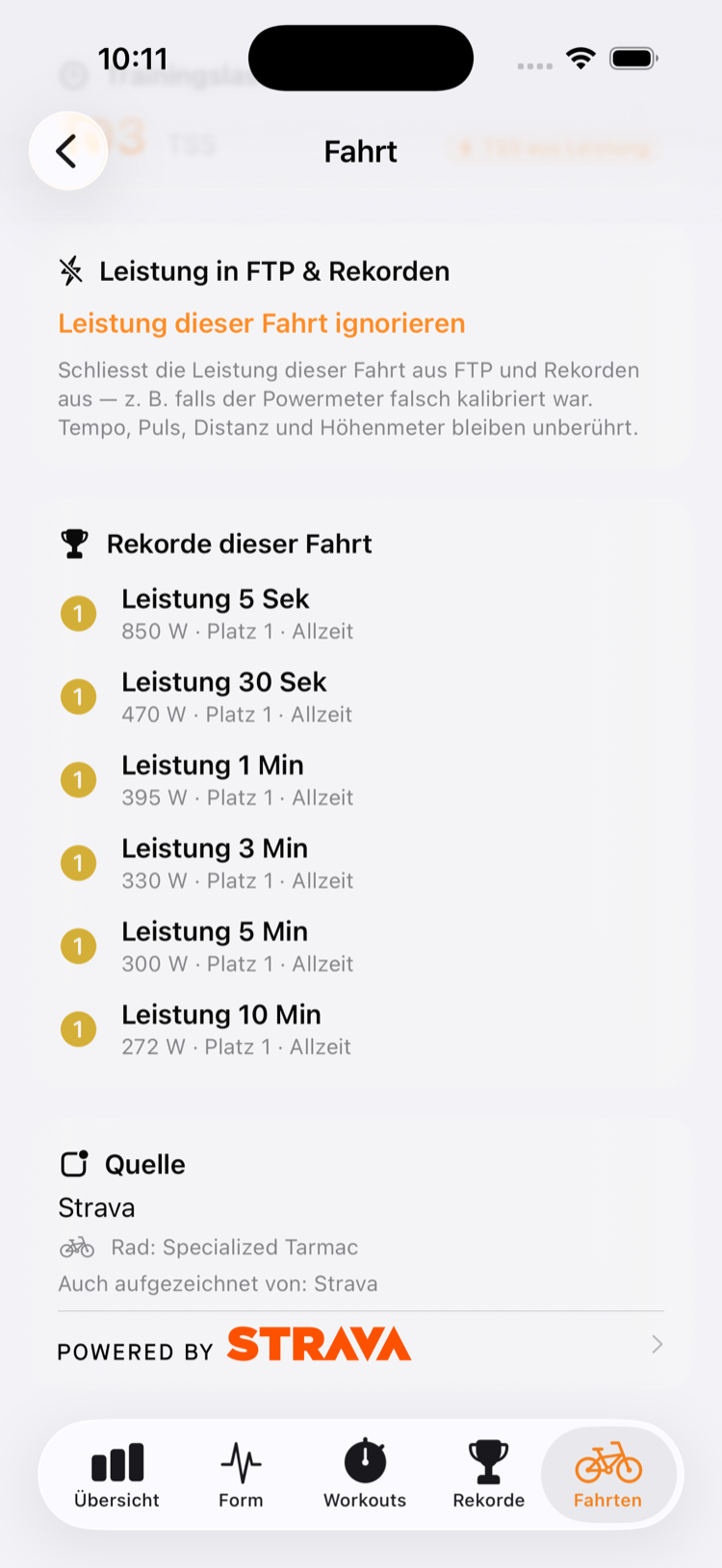 Fahrt-Detail: Rekorde dieser Fahrt von 5 Sekunden bis 10 Minuten mit Platzierung, Einfluss der Fahrt auf FTP und Rekorde, Quelle Strava.