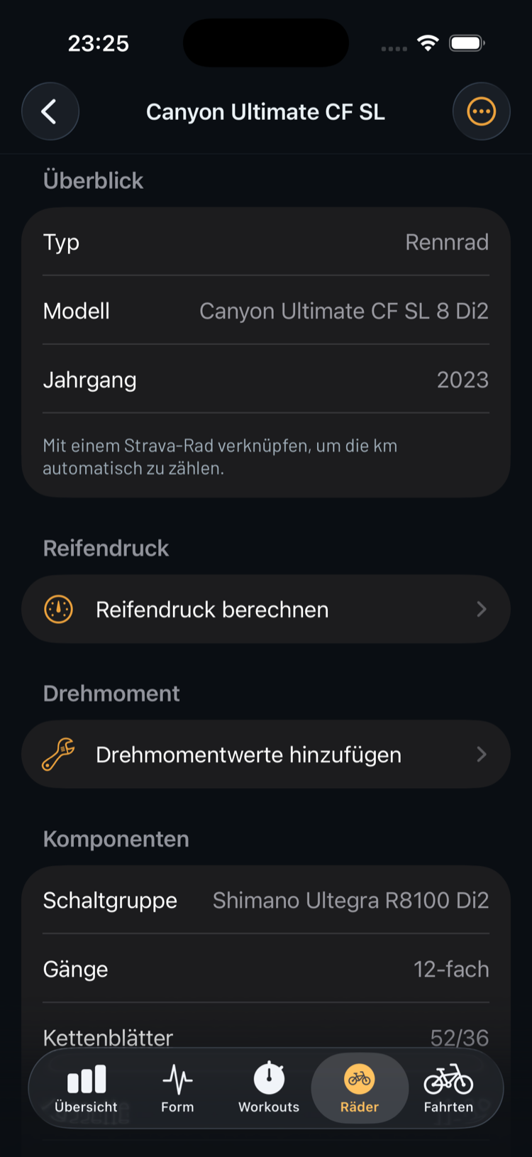 Rad-Detail in der Garage: Canyon Ultimate mit Typ, Modell, Jahrgang, Reifendruck-Rechner, Drehmoment und Komponenten wie Schaltgruppe und Kettenblättern.
